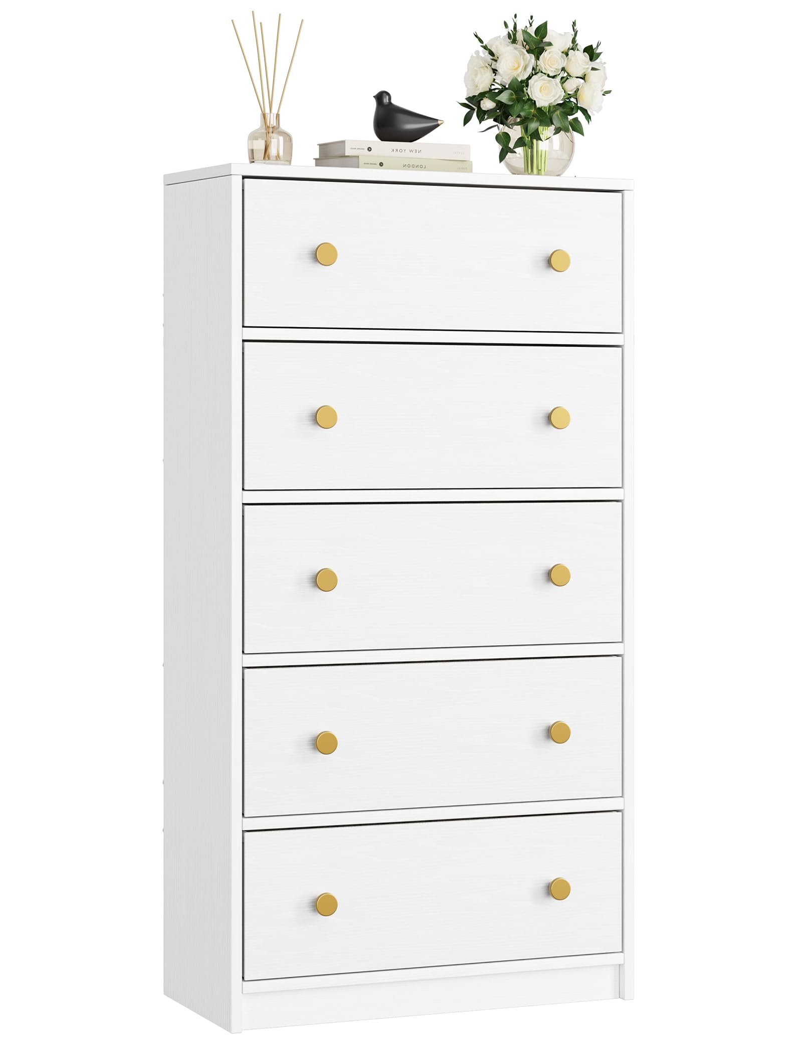 Nicehill White Dresser for Bedroom with 5 Drawers, Fabric Dresser Storage Tower, Chest of Drawers for Closet, Living Room, Hallway, Entryway, Woodeen Dresser（White）