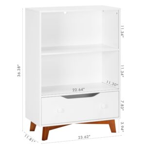 UTEX Kids Bookshelf, Kids Toy Storage Organizer with Drawer and Legs, Mid-Century Bookcase with Storage, Toy Shelf for Kids Room, Classroom, Nursery, White