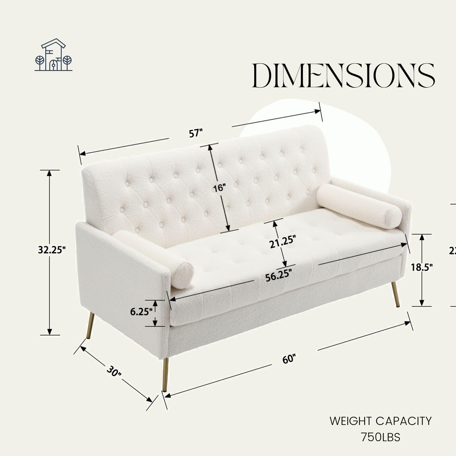 ZH4YOU 60" W Loveseat Sofa, Modern Sherpa Couch with Arms and 2 Throw Pillows, Fluffy Button Tufted Love Seat for Living Room, 2-Seater Comfy Small Couch for Bedroom Living Room, White