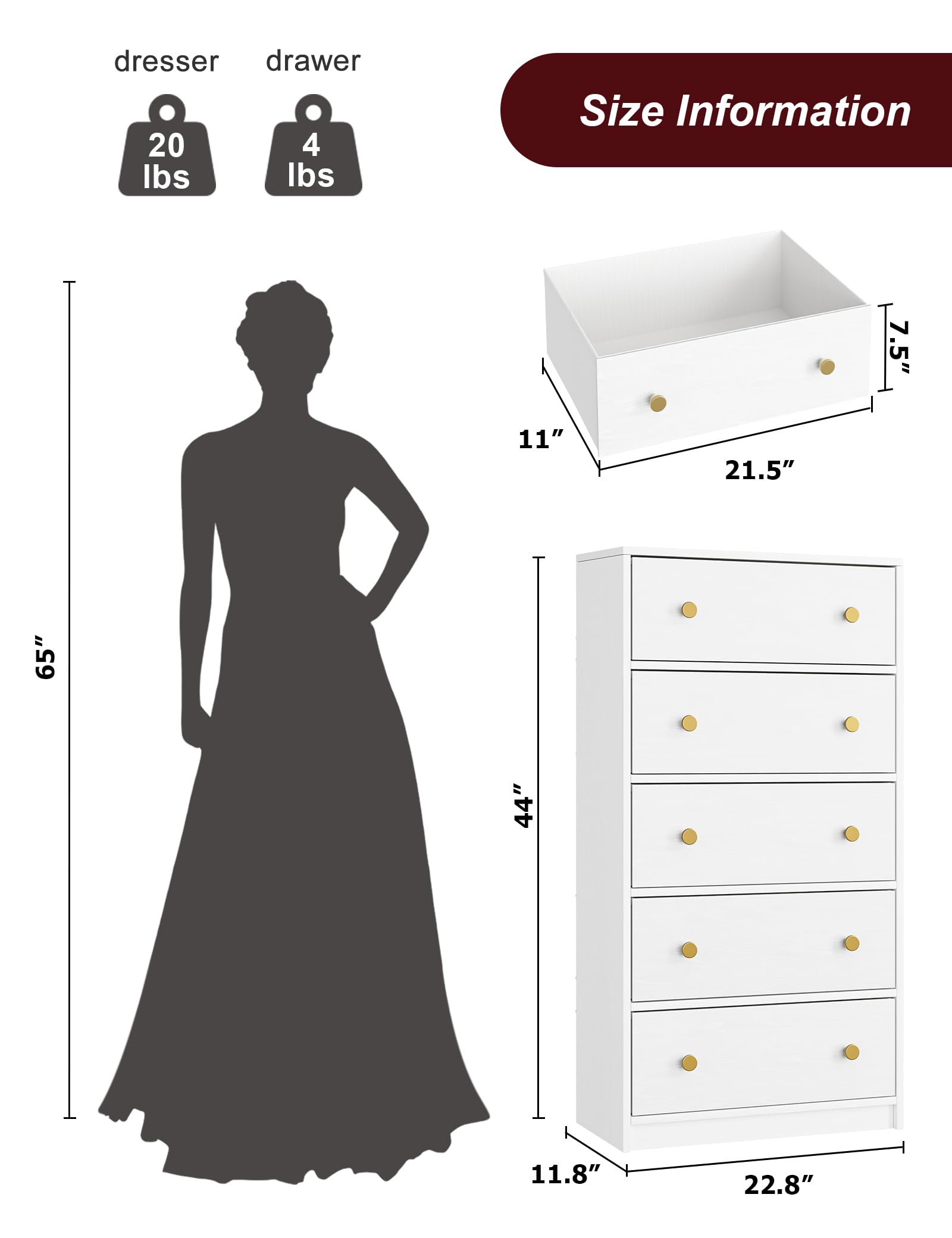 Nicehill White Dresser for Bedroom with 5 Drawers, Fabric Dresser Storage Tower, Chest of Drawers for Closet, Living Room, Hallway, Entryway, Woodeen Dresser（White）