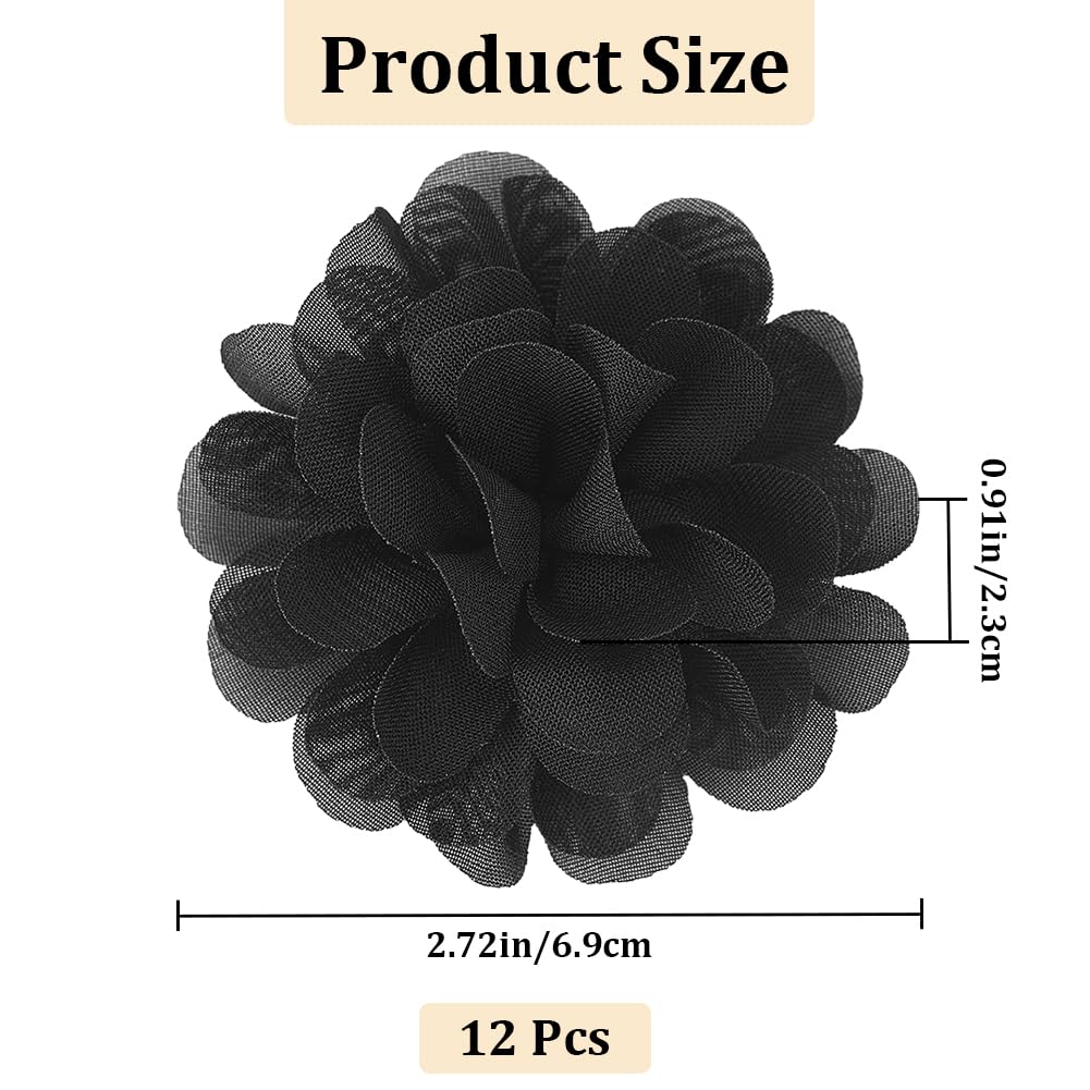 GORGECRAFT 12Pcs 3D Chiffon Flower Black Mesh Fabric Flowers Sewing Fabric Appliques Headband Embellishments Ornament Accessories Chiffon Lace Flower for DIY Craft Wedding Decor