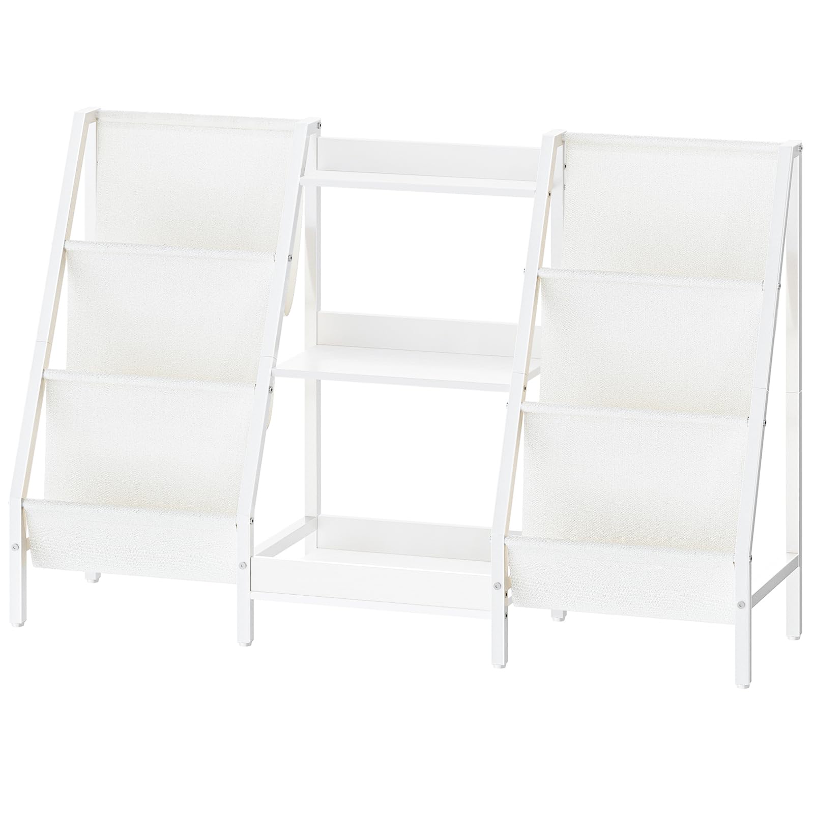 MAHANCRIS Kids Bookshelf and Toy Organizer, 3-Tier Kids Bookcase, Kids Sling Bookshelf, Toddler Toy Storage Organizer with Bookshelf, for Kids Room, Playroom, Bedroom, Nursery, White BKWT34201