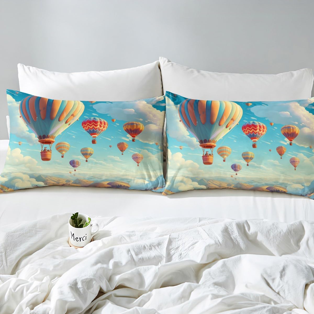 Feelyou Hot Air Balloon Bedding Set Colorful Hot Air Balloon Duvet Cover for Kids Boys Girls Mountains Comforter Cover Blue Sky White Clouds Bedspread Cover with 1 Pillowcase 2Pcs Bedding Twin