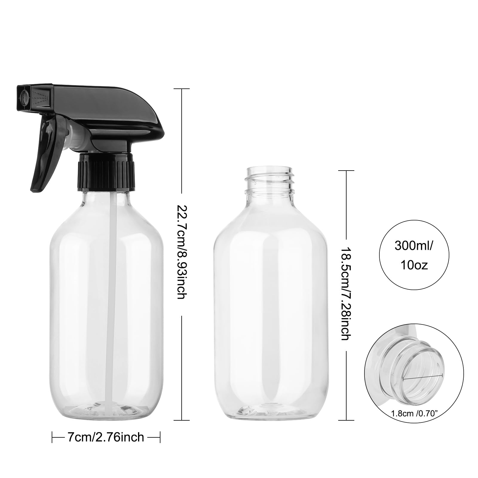 KREMORV Plastic Spray Bottles Clear and Brown Refillable Container Empty Spray Bottle 10oz/300ml Adjustable Head Sprayer and Stream for Cleaning Products, Plants, Pet, Hair