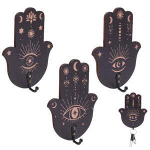 infunly 3pcs black evil eye key holder for wall wooden hamsa hand key holder wall mounted key hooks star moon lotus pattern keyholder for home hallway kitchen farmhouse decor with mounting hardware