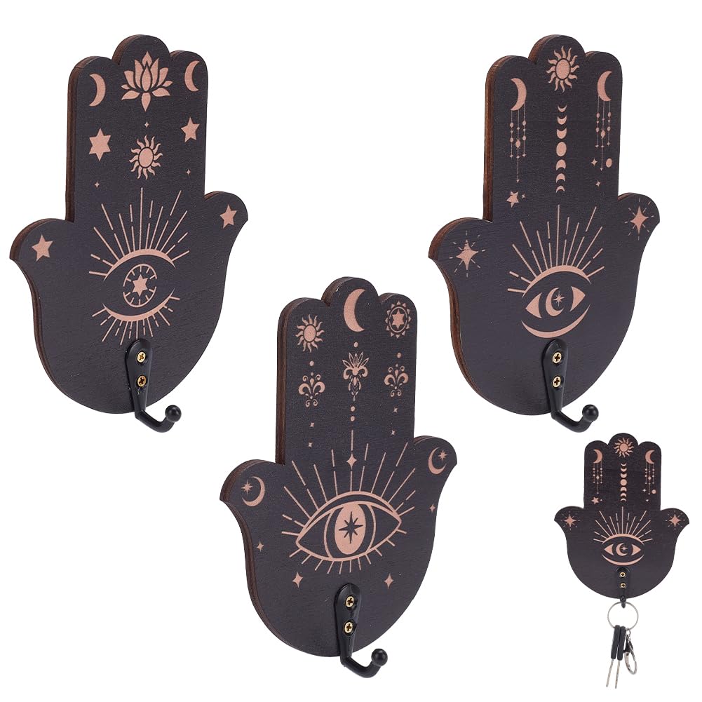 INFUNLY 3PCS Black Evil Eye Key Holder for Wall Wooden Hamsa Hand Key Holder Wall Mounted Key Hooks Star Moon Lotus Pattern Keyholder for Home Hallway Kitchen Farmhouse Decor with Mounting Hardware