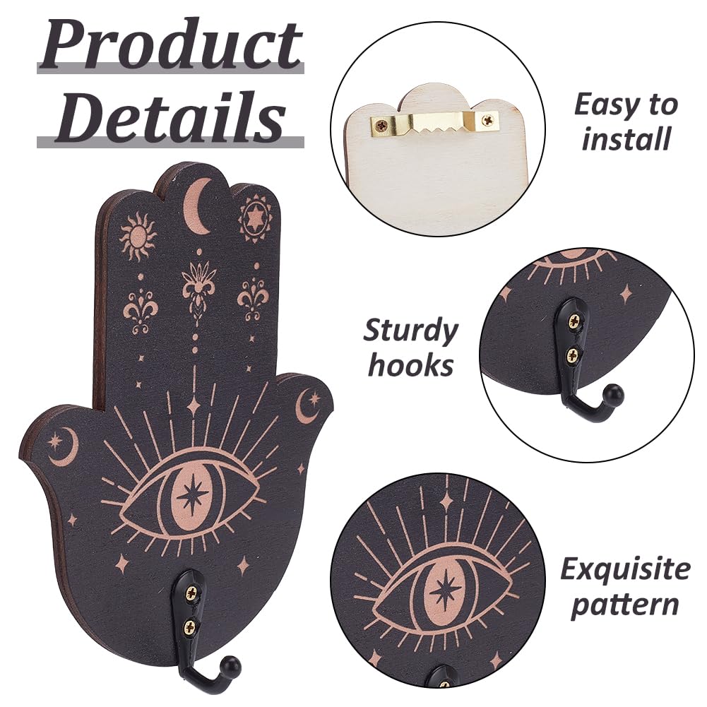 INFUNLY 3PCS Black Evil Eye Key Holder for Wall Wooden Hamsa Hand Key Holder Wall Mounted Key Hooks Star Moon Lotus Pattern Keyholder for Home Hallway Kitchen Farmhouse Decor with Mounting Hardware