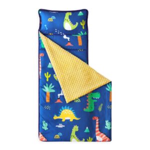 wake in cloud - toddler nap mat with pillow and minky fleece blanket, for kids boys girls in daycare preschool kindergarten, roll up sleeping bag, dinosaur navy blue, standard size