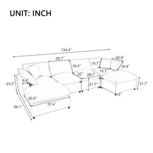 Tmsan Oversized Modular Sectional Sofa, 134.4" U Shaped Couch with Movable Ottoman, Large 6 Seater Corner Sofa for Living Room, Spacious Space, Beige Polyester