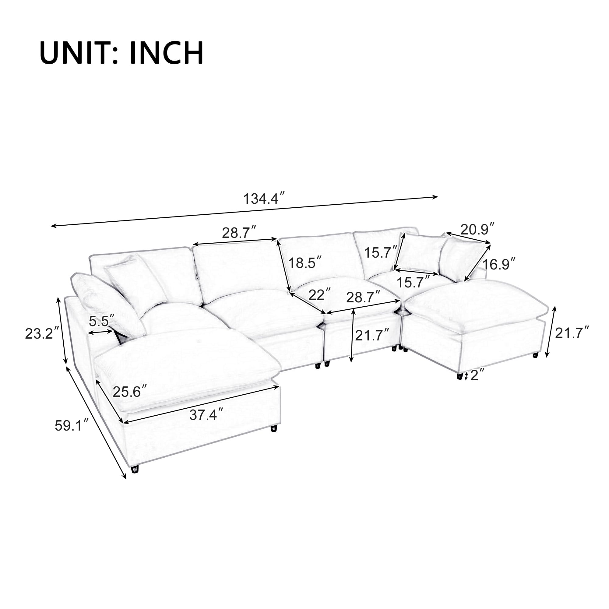 Tmsan Oversized Modular Sectional Sofa, 134.4" U Shaped Couch with Movable Ottoman, Large 6 Seater Corner Sofa for Living Room, Spacious Space, Beige Polyester