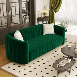 IQIAite Luxury Velvet Sofa Comfy 3 Seat Couch Loveseat Sofa,Mid Century Modern Tufted Couch for Living Room 83" Emerald Green Love Seat Sofa with Gold Legs 2 Pillows for Office Furniture