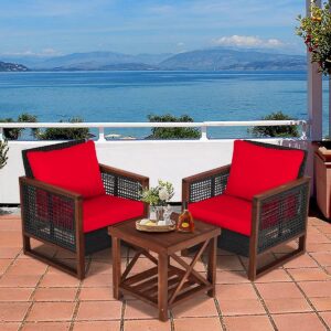 ldaily 3 pieces patio furniture set, rattan outdoor front porch chairs with wood coffee table & cushion, comfy wicker conversation patio set for movie seating, balcony, garden, poolside (red)