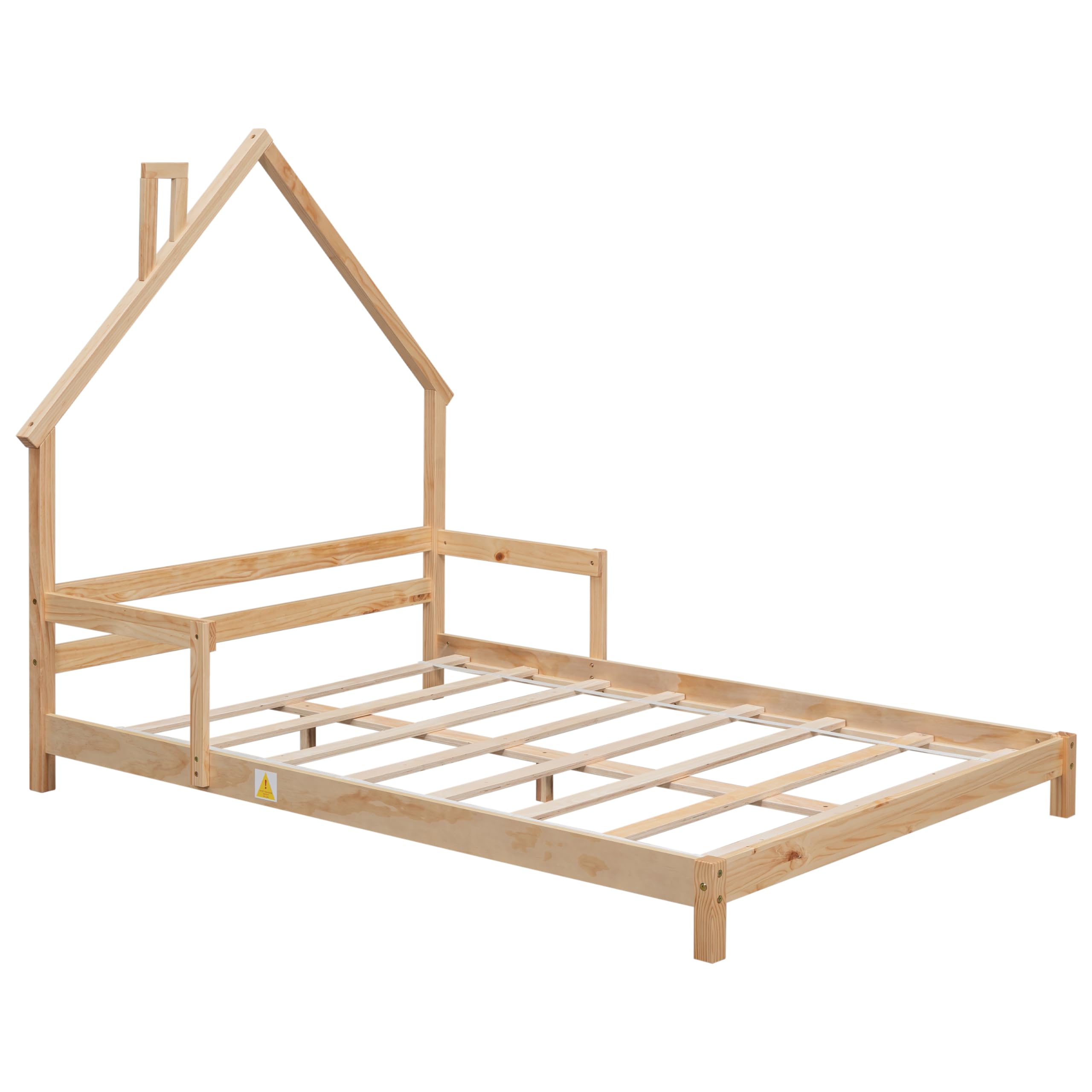 Full Size Bed Frame for Kids,House-Shaped Headboard Kids Bed,Girls Bed with Handrails,Low Platform Bed for Boys Girls,No Box Spring Needed(Natural)