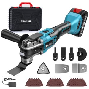 seesii 21v cordless oscillating tool, brushless oscillating saw with 6 variable speeds, 3° oscillation angle, quick-change multi-tool, 24pcs accessories, 2.0ah battery for cutting, sanding, scraping