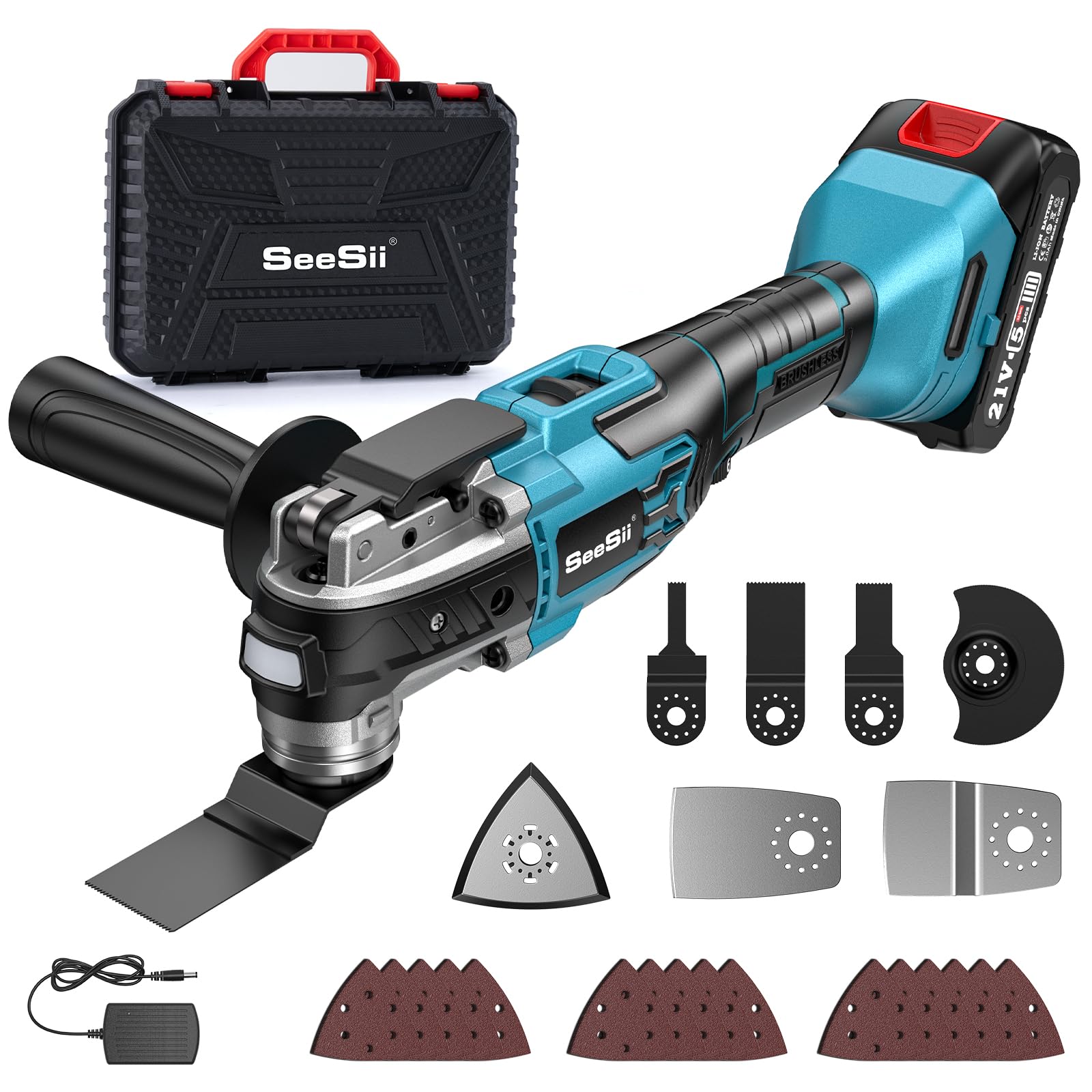 Seesii 21V Cordless Oscillating Tool, Brushless Oscillating Saw with 6 Variable Speeds, 3° Oscillation Angle, Quick-Change Multi-Tool, 24PCS Accessories, 2.0Ah Battery for Cutting, Sanding, Scraping