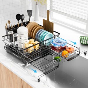 laveshop dish drying rack - expandable dish rack, large capacity dish drainer for kitchen counter, rust-proof with utensil holder, black