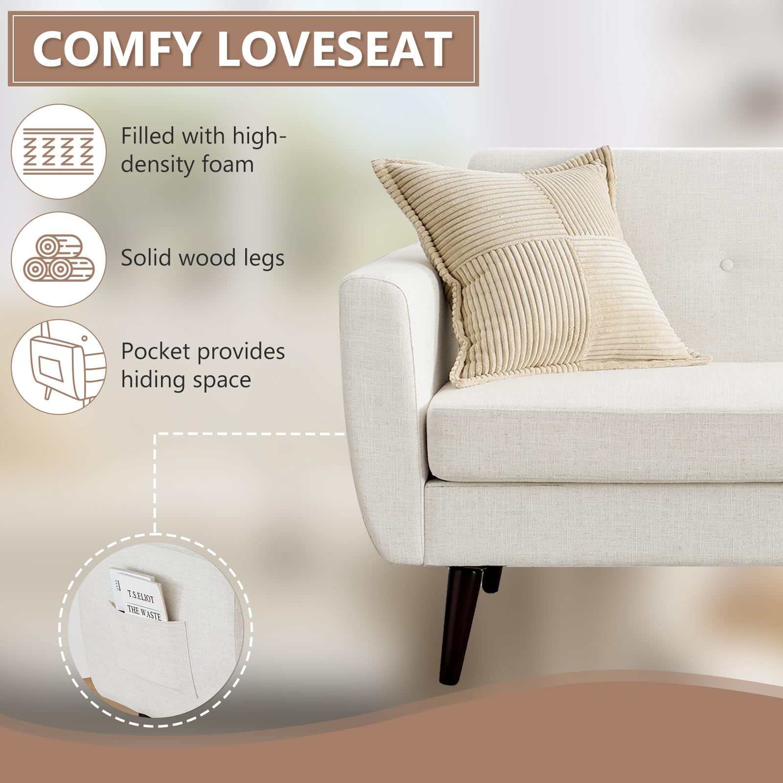 kinmars 65.75" W Loveseat Sofa, Button Tufted Upholstered Small Couch, Comfortable Small Sofa, 2 Seater Fabric Loveseat, Mid Century Modern Couch for Living Room, Bedroom, Dorm (Beige-5)