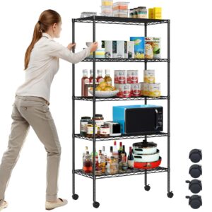 wygmav 5-tier wire shelving unit adjustable metal storage shelving commercial storage shelves with wheels heavy-duty metal storage rack for pantry, restaurant, garage, kitchen, black