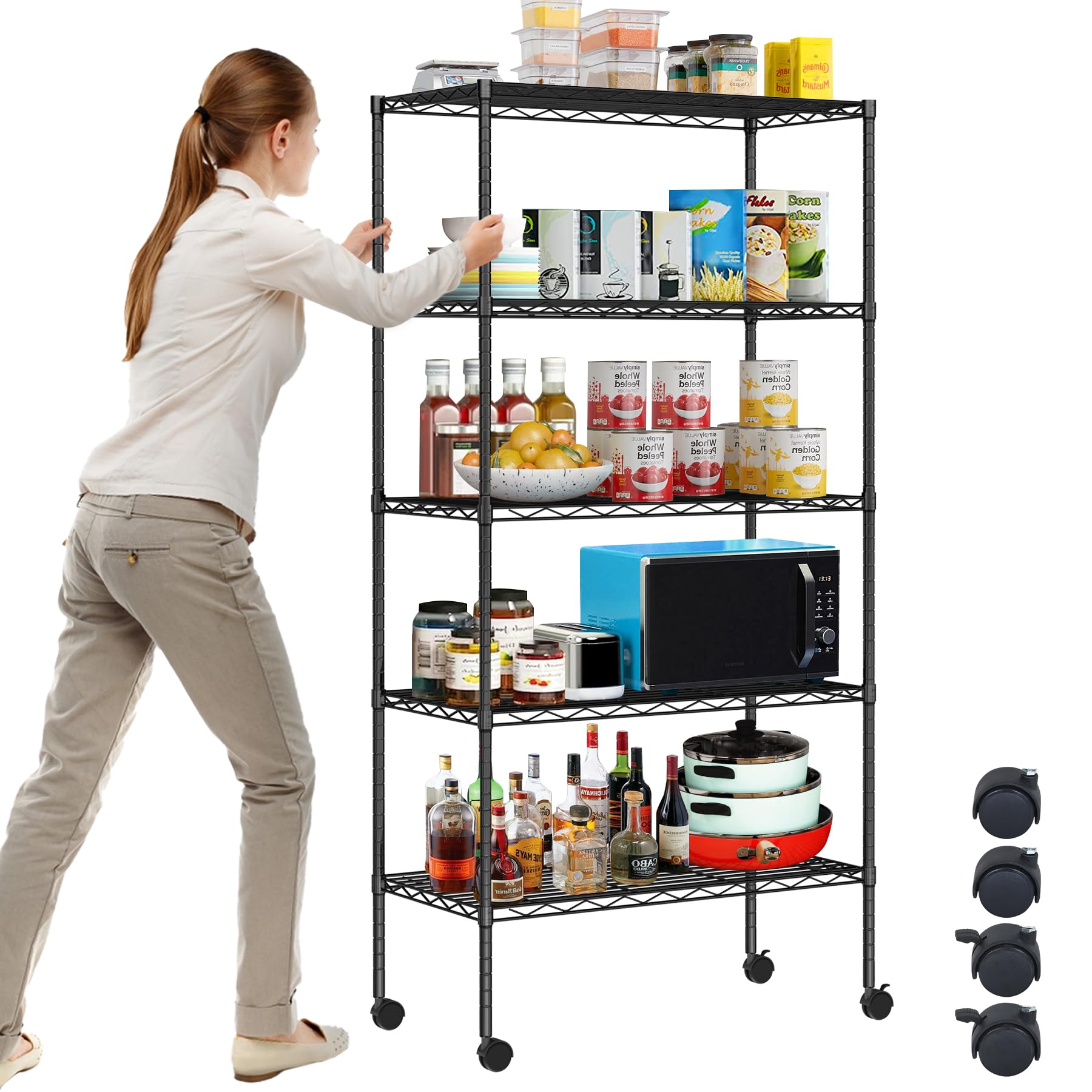 WYGMAV 5-Tier Wire Shelving Unit Adjustable Metal Storage Shelving Commercial Storage Shelves with Wheels Heavy-Duty Metal Storage Rack for Pantry, Restaurant, Garage, Kitchen, Black