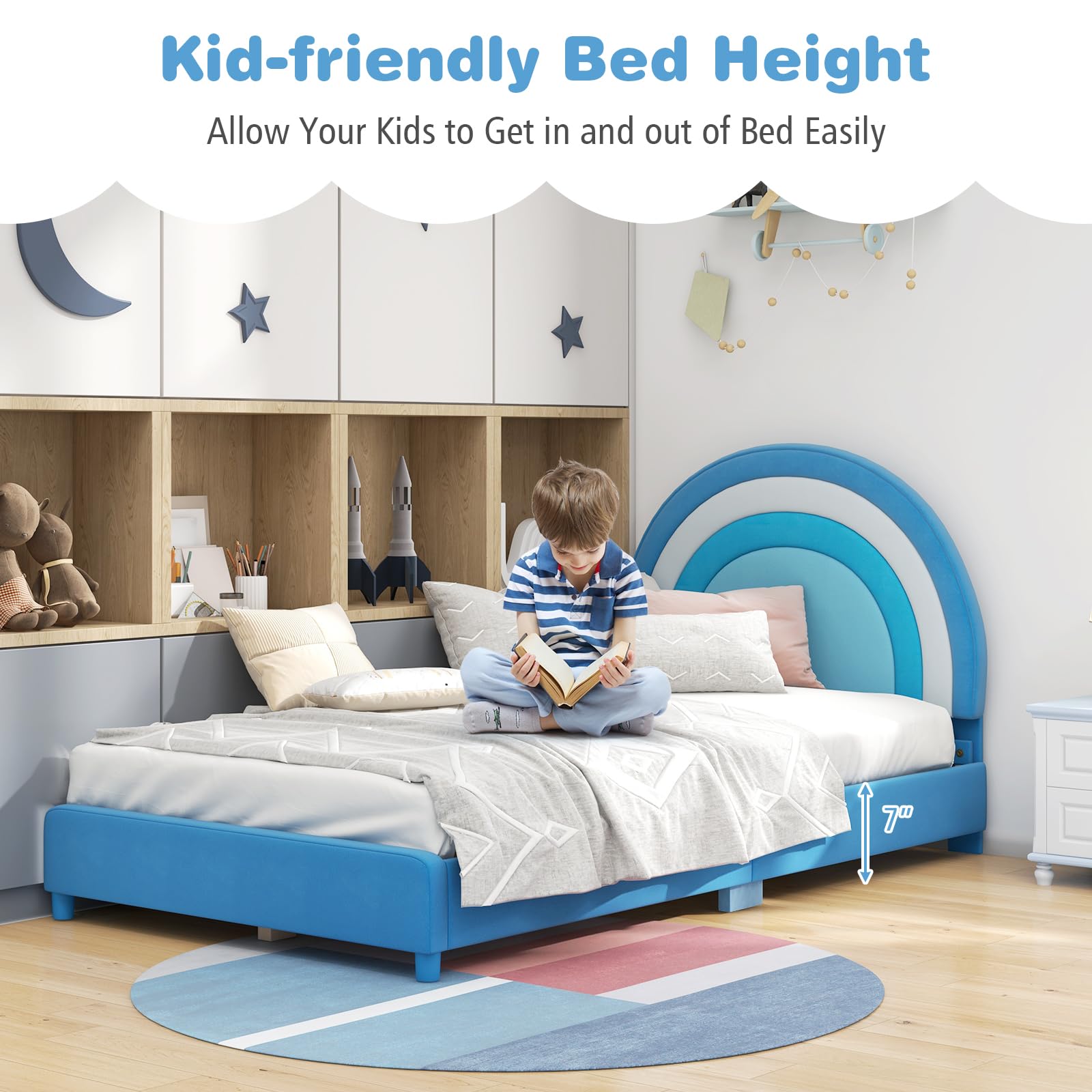 Costzon Twin Bed Frames for Kids, Upholstered Wooden Kids Bed w/Adjustable Headboard, Slats Support, 660 LBS Weight Cap, No Box Spring Needed, Easy Assembly, Twin Platform Bed Frame (Blue Rainbow)