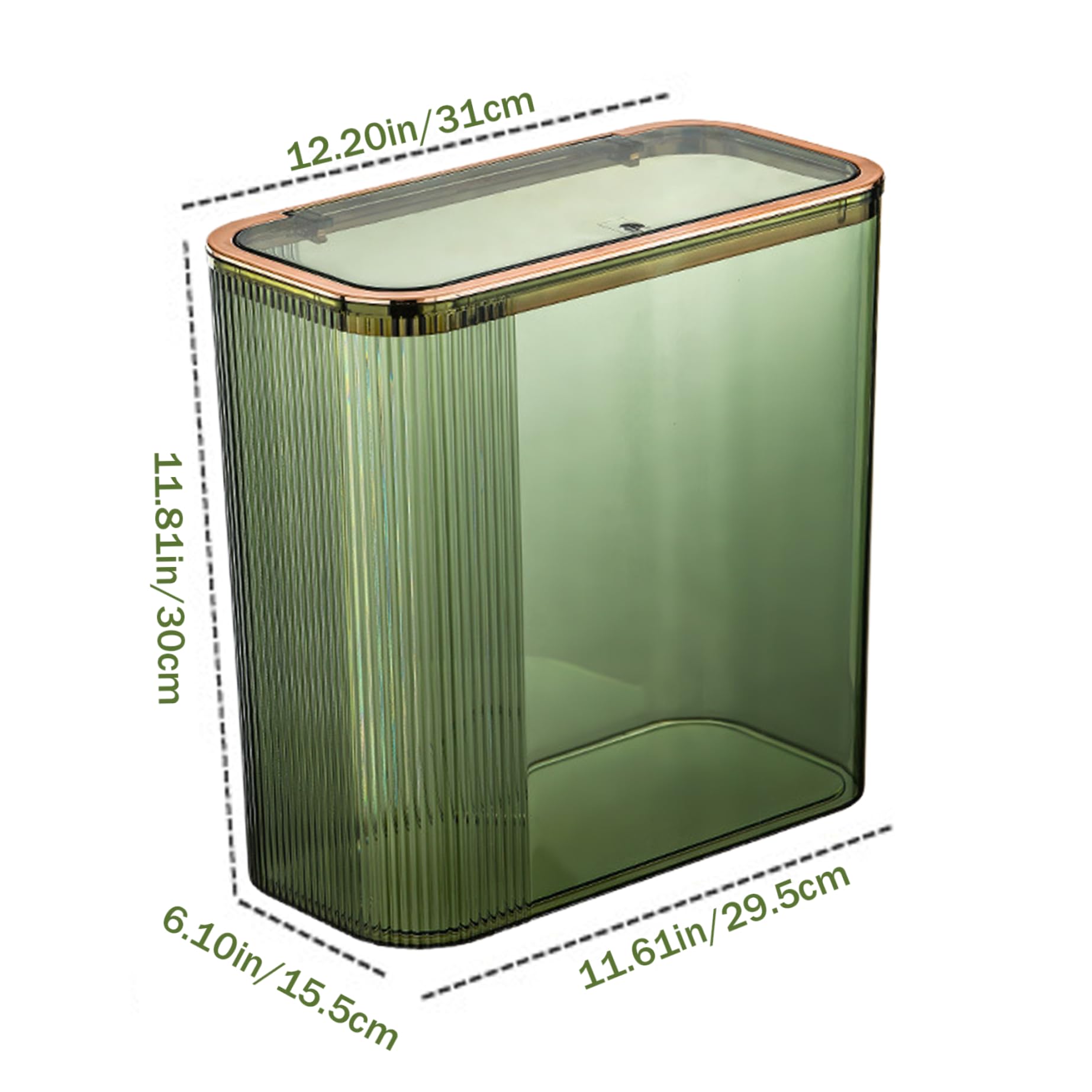 Transparent Trash Can, 12.2x6.1x11.8 inch Green Garbage Can, Bathroom Trash Cans with Lids, Plastic Slim Waste Basket, Space-saving Trash Can