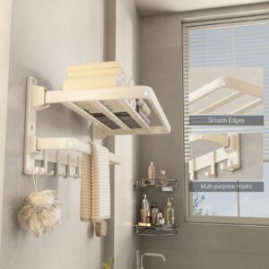 VOLDRA Towel Racks for Bathroom, 24-Inch Towel Shelf with Towel Bar Foldable Towel Holder with 7 Hooks Towel Storage Organizer for Bathroom & Lavatory Wall Mounted(Cream White)