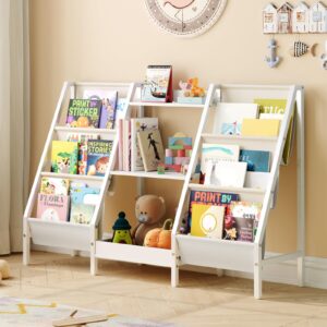 mahancris kids bookshelf and toy organizer, 3-tier kids bookcase, kids sling bookshelf, toddler toy storage organizer with bookshelf, for kids room, playroom, bedroom, nursery, white bkwt34201