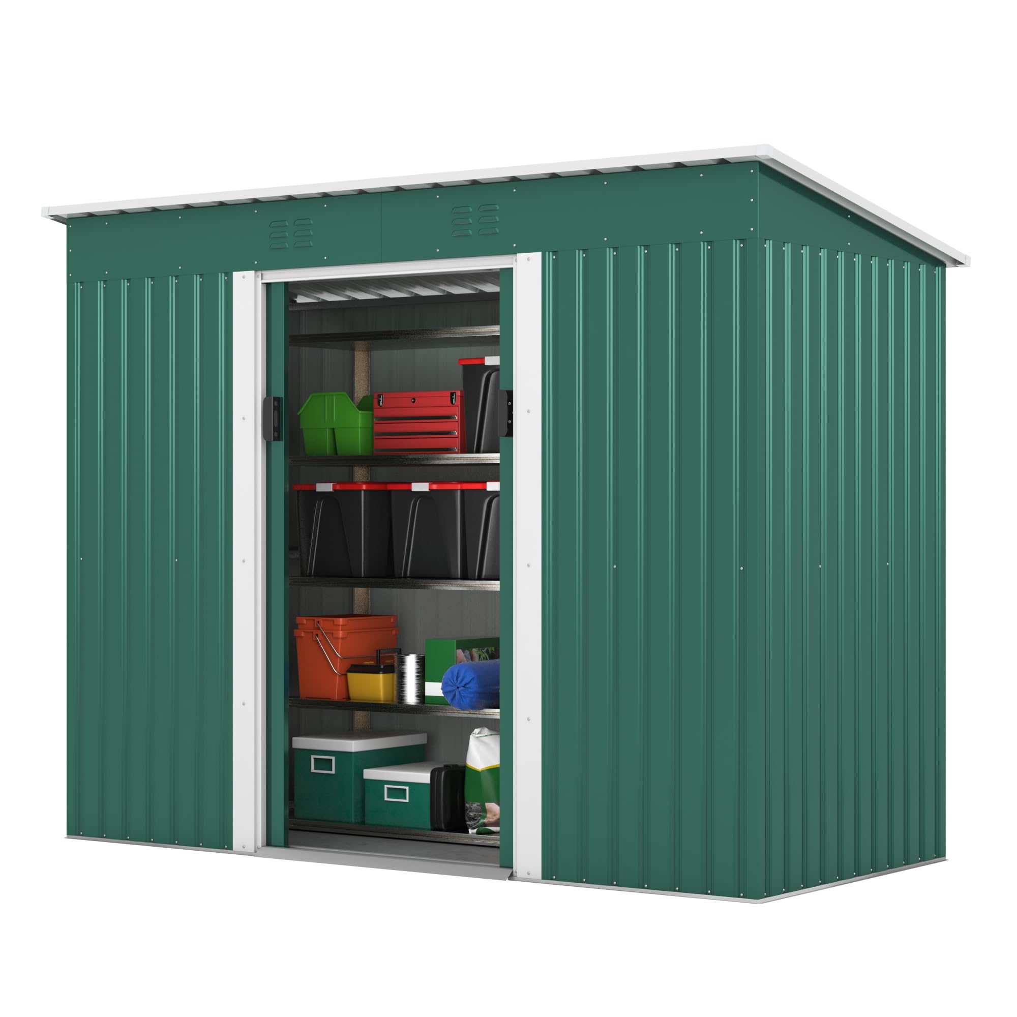 Generic 4.2 x 9.1 Ft Outdoor Storage Shed, Metal Tool Shed with Lockable Doors Vents, Utility Garden Shed for Patio Lawn Backyard (Green)