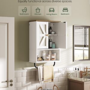 CHOEZON Bathroom Wall Cabinet, Medicine Cabinet with Open Partition and Towel Bar, Rustic Storage Cabinet with Open and Hidden Storage Space, for Bathroom, Living Room, Kitchen, White and Walnut