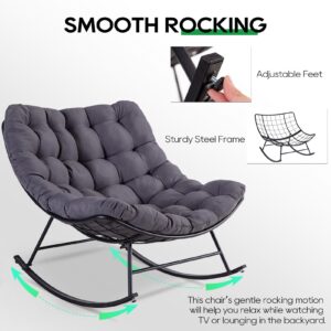 PORWEY Patio Rocking Papasan Chair, Outdoor & Indoor Egg Reading Recliner Chair, Oversized Royal Comfy Lounge Rocker with Large Cushion and Ottoman for Bedroom, Living Room, Porch, Gray