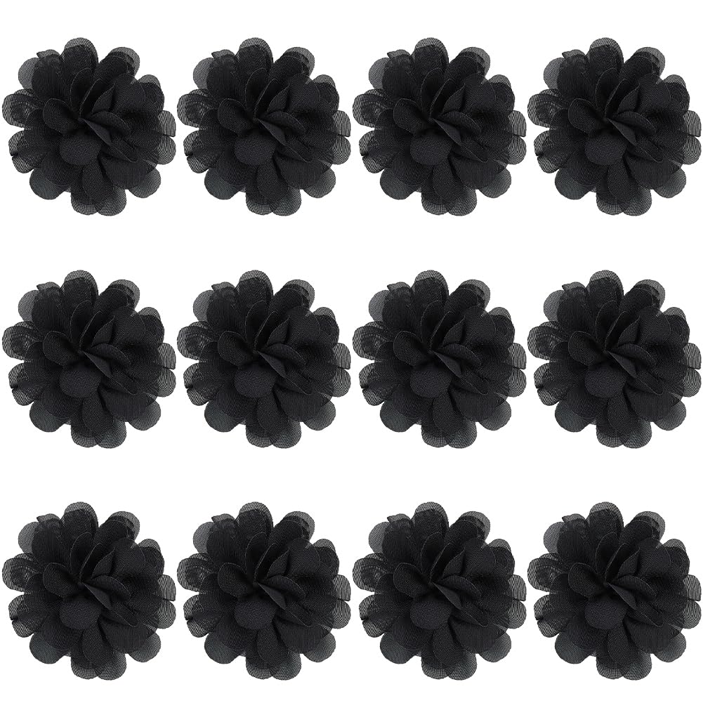 GORGECRAFT 12Pcs 3D Chiffon Flower Black Mesh Fabric Flowers Sewing Fabric Appliques Headband Embellishments Ornament Accessories Chiffon Lace Flower for DIY Craft Wedding Decor