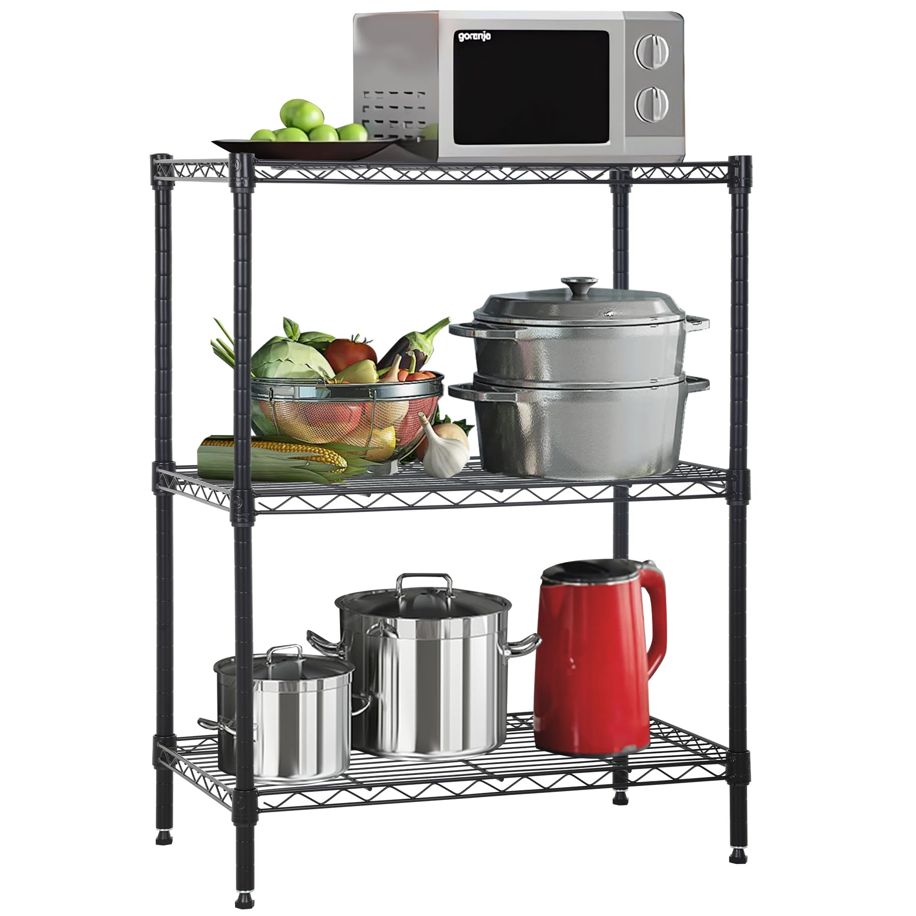 WYGMAV 3 Tier Shelf Metal Wire Shelving Unit Adjustable Storage Shelves Storage Rack Heavy Duty Steel Standing Shelf Units for Restaurant, Garage, Kitchen Metal Shelves with Feet Leveler, Black