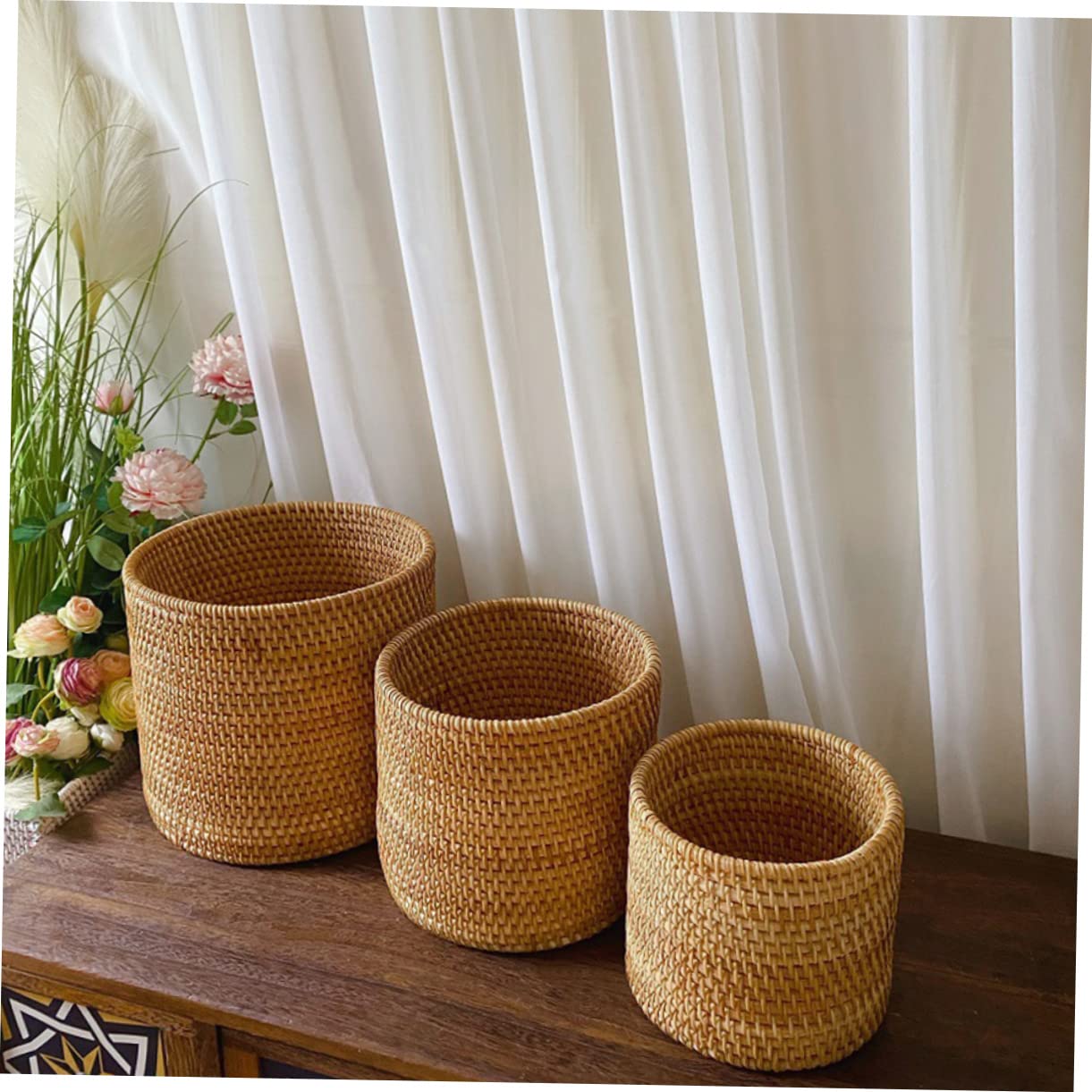 Rattan basket Garbage Can Woven Laundry Basket Wicker Waste Bin Collapsible Laundry Baskets Small Trash Can Pencil Pot Rubbish Bin Baby Basket Rattan Vase Roll Stand Autumn Vines Office Desktop ( Colo