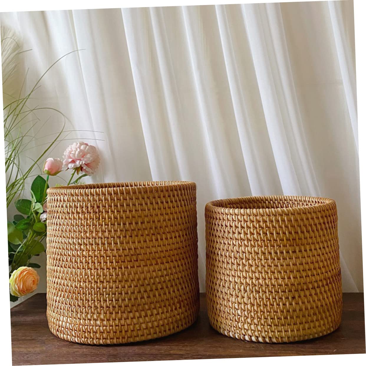 Rattan basket Garbage Can Woven Laundry Basket Wicker Waste Bin Collapsible Laundry Baskets Small Trash Can Pencil Pot Rubbish Bin Baby Basket Rattan Vase Roll Stand Autumn Vines Office Desktop ( Colo