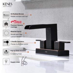 KENES Oil Rubbed Bronze Waterfall Bathroom Faucet, Two Handle Centerset Bathroom Sink Faucet, Vanity Faucet 3 Hole Bathroom Lavatory Faucet with Pop Up Drain & Supply Lines, KE-9053-8-P