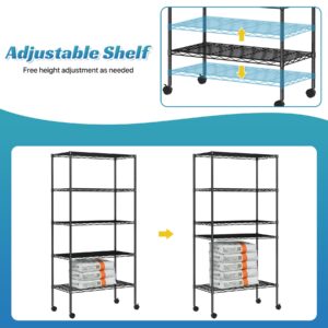 WYGMAV 5-Tier Wire Shelving Unit Adjustable Metal Storage Shelving Commercial Storage Shelves with Wheels Heavy-Duty Metal Storage Rack for Pantry, Restaurant, Garage, Kitchen, Black