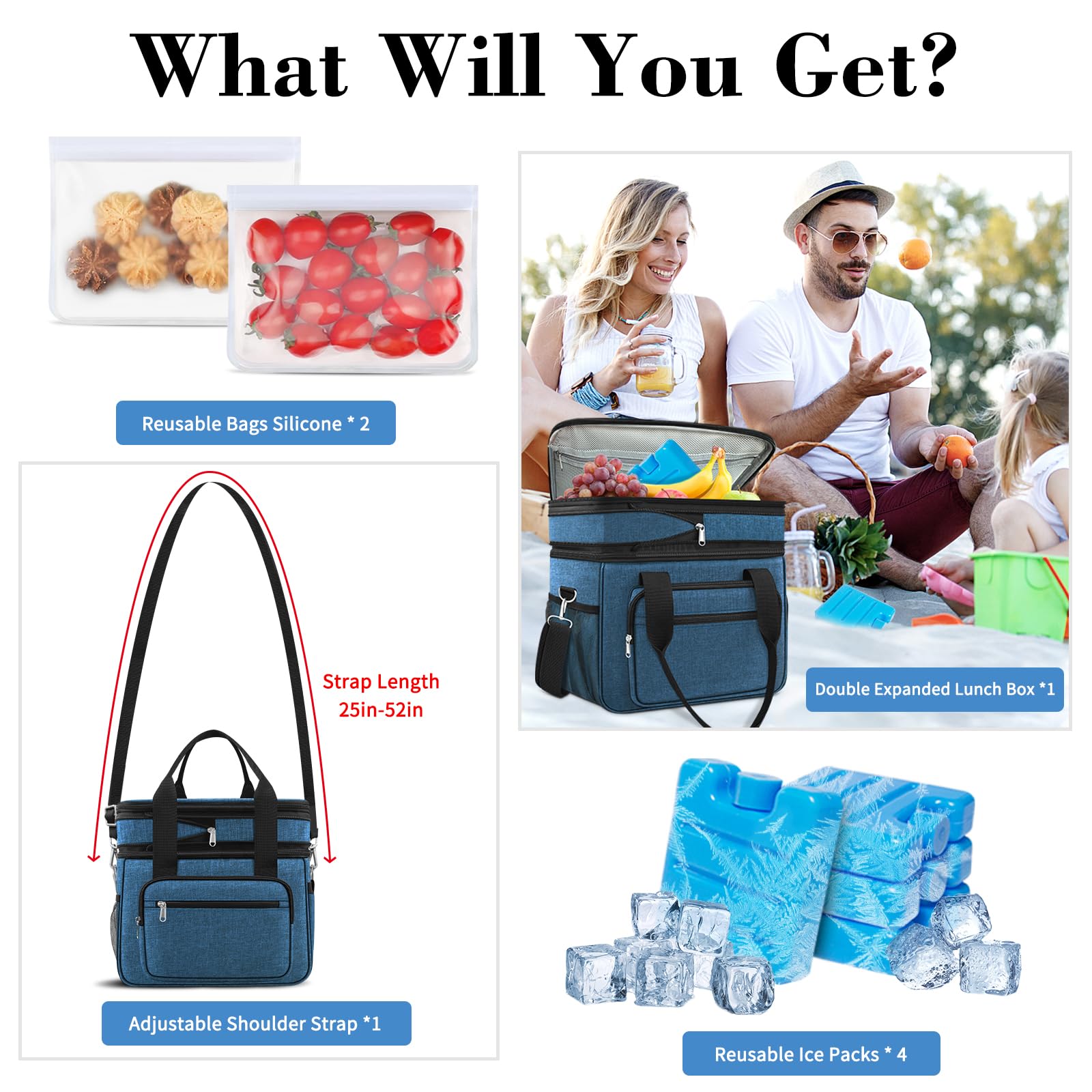 23L Extra Large Expandable Insulated Cooler Lunch Box for Men Double Deck Leakproof Heavy Duty Lunch Bag with 4 Ice packs&2 Snack Bags for Adult/Construction/Women/Work/Picnic/Camping - Blue