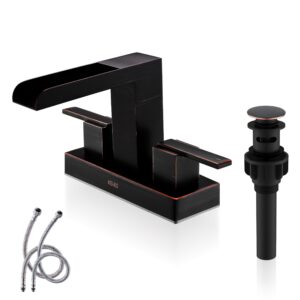 kenes oil rubbed bronze waterfall bathroom faucet, two handle centerset bathroom sink faucet, vanity faucet 3 hole bathroom lavatory faucet with pop up drain & supply lines, ke-9053-8-p