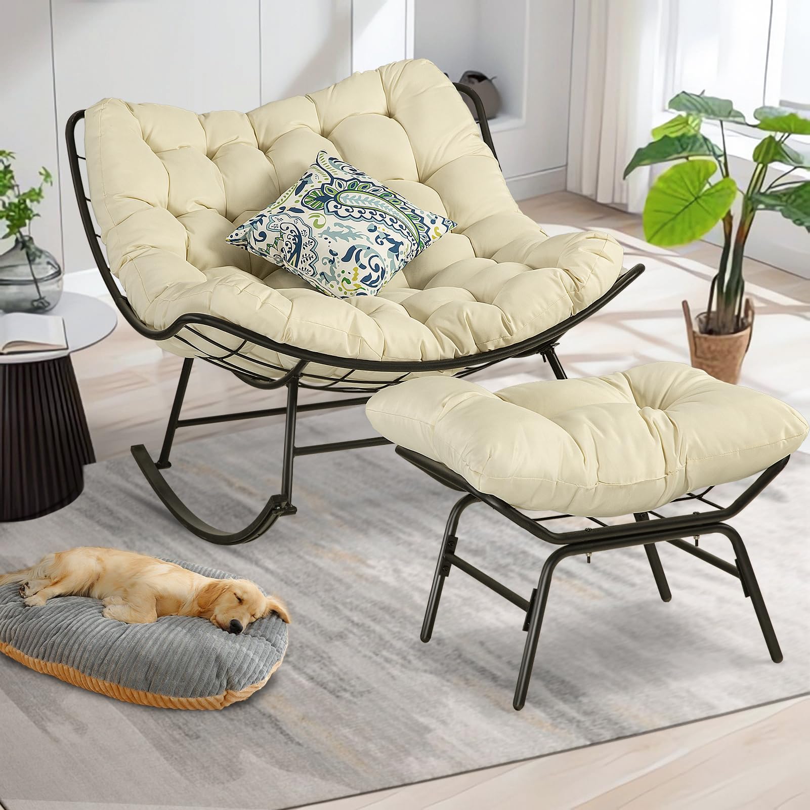 PORWEY Patio Rocking Papasan Chair, Outdoor & Indoor Egg Reading Chair, Oversized Royal Comfy Cozy Lounge Rocker Recliner with Large Cushion, Steel Frame and Ottoman for Bedroom, Living Room,Beige