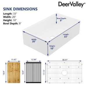 DeerValley 33" White Farmhouse Sink for Kicthen, Fireclay Kitchen Sink - Deep Single Bowl Apron Front Sink with Workstation Accessories