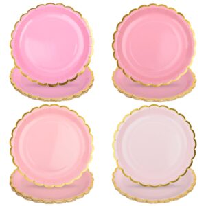 AimFun Pink Scalloped Party Plates Gold Foil Border Paper Plates Disposable 9inch Gradient Pink Plates for Pink Bow Birthday Coquette Bridal Baby Shower Party Supplies (24, Pink)