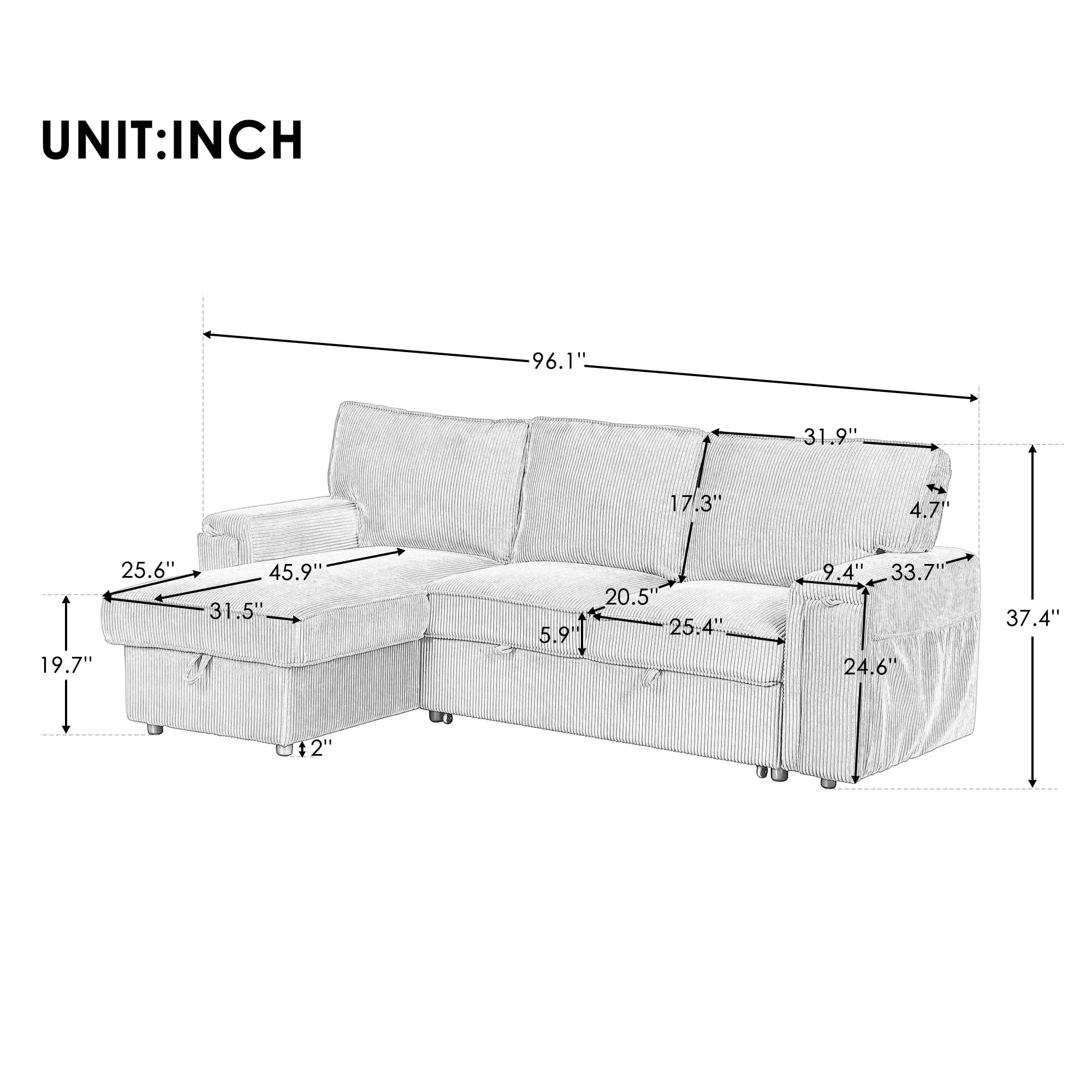 Corduroy Upholstered Convertible Sleeper Sectional Couch Pull Out Sofa Bed ,4 Seater L Shaped Corner Sofa&Couch Sofabed with Reversible Storage Chaise Lounge and Cupholders for Living Room Office