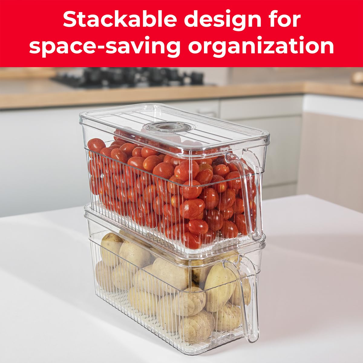 Four Pack Fridge Fruit Storage Container - Set of Four Stackable Refrigerator Organizer Plastic Bins with Lids and Handles, Kitchen Organization for Food, Fruits, Vegetables, Produce. BPA Free