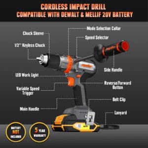 Mellif Professional Brushless Hammer Drill Compatible with Dewalt 20V Max Battery 1/2" Keyless High Torque Chuck Metal Clutch, 2,000RPM (Tool Bare, No Battery)