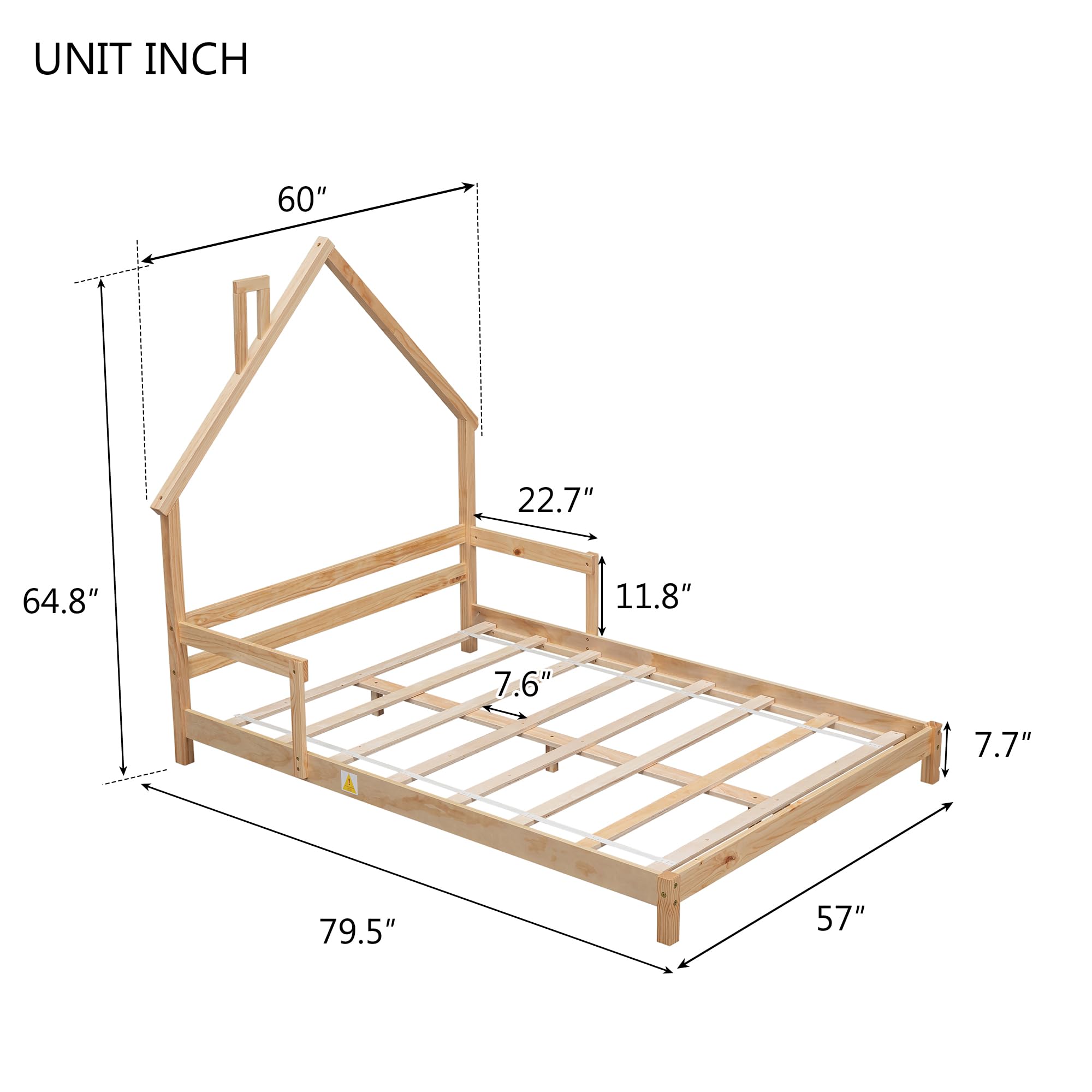 Full Size Bed Frame for Kids,House-Shaped Headboard Kids Bed,Girls Bed with Handrails,Low Platform Bed for Boys Girls,No Box Spring Needed(Natural)