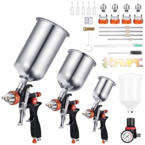 gyfent spray paint gun set, hvlp auto paint gun air paint spray gun with 3 spray gun & 1/1.3/1.7/2.5mm nozzles & 4 kettles & pressure gauge for car automotive furniture diy house painting