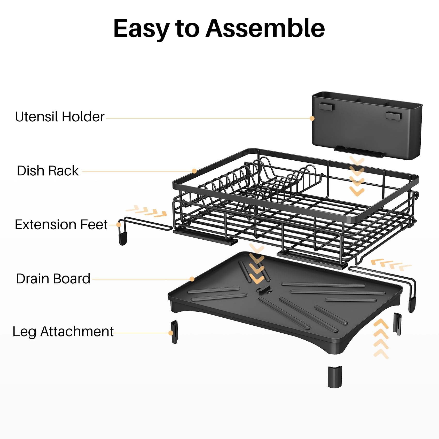 Dish Drying Rack - Extendable Dish Rack, Large Sink Drying Dish Drainer for Kitchen Counter, Stainless Steel Dish Strainer with Utensil Holder (Black)