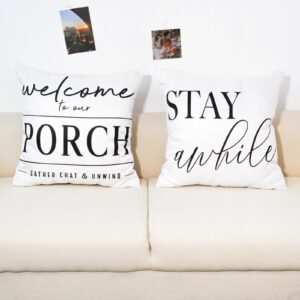 TAJWE Outdoor Pillow Covers Waterproof 18x18 Set of 2 Welcome to Our Porch Stay Awhile Cushion Cases for Patio Furniture Sofa Couch Decor