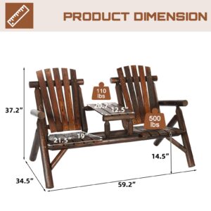 HOMEDIARY 2-Seat Wooden Adirondack Chair, Outdoor Log Patio Loveseat with Built-in Table, Patio Bench Fire Pit Chair Porch Furniture Conversation Set for Deck Lawn Pool Backyard, Carbonized