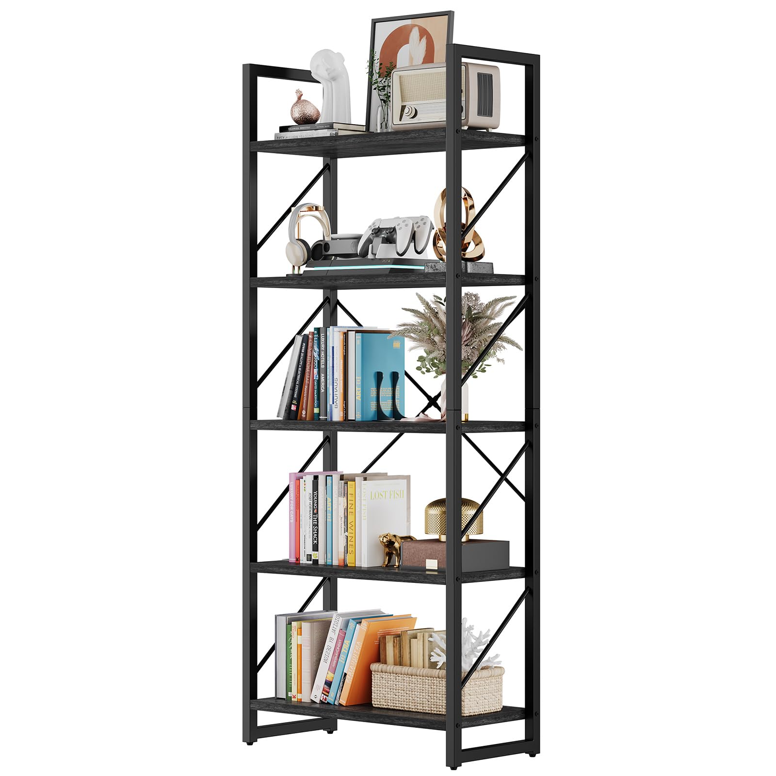 DWVO 5 Tier Bookshelf, Industrial Bookshelves Open Shelf Bookcase, Storage Shelves Organizer Display Rack for Bedroom,Living Room,Office,Kitchen, Charcoal Gray